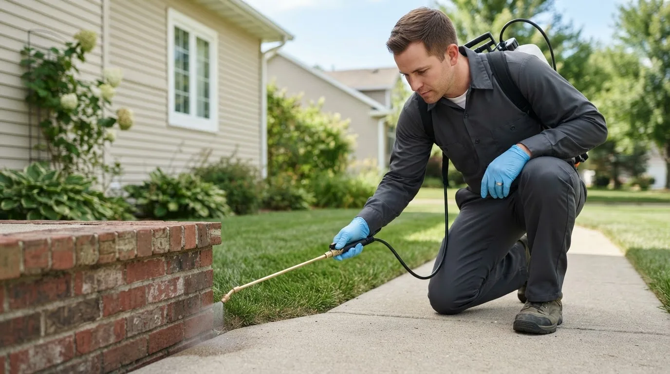 Pest control technician treating a home near Aspinwall, IA