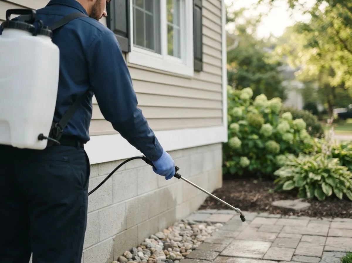 Pest control technician inspecting a home in Aspinwall, IA